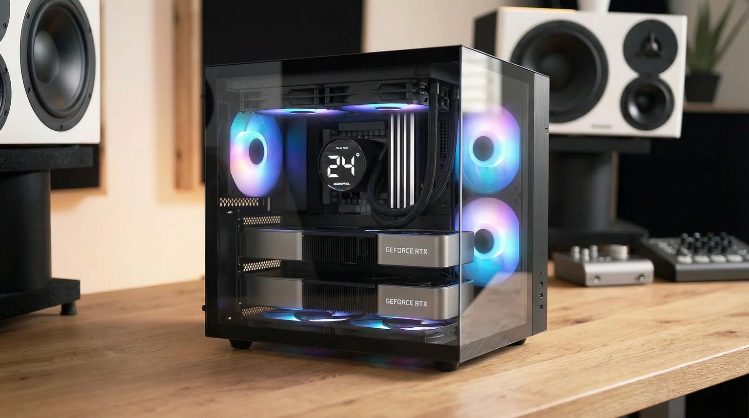 스튜디오 모니터 스피커 사이에 놓인 MIDI-Lab Pro 데스크탑 PC
